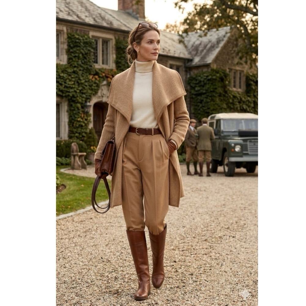 Ralph Lauren Womens M Open Cardigan Sweater Wool Cashmere Herringbone Tan
